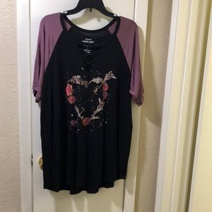 Torrid Super Soft 3/4 length Black and purple shirt with criss cross detail